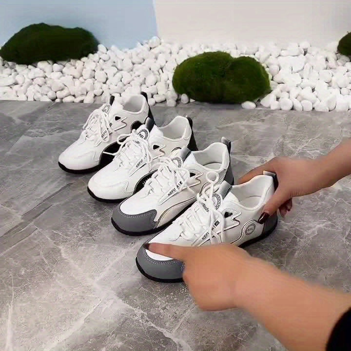 JUKEFULA White Women's Outdoor Colorblock Sneakers - Elegant white and grey casual sneakers with soft sole and lace-up design, suitable for all seasons, gym and travel