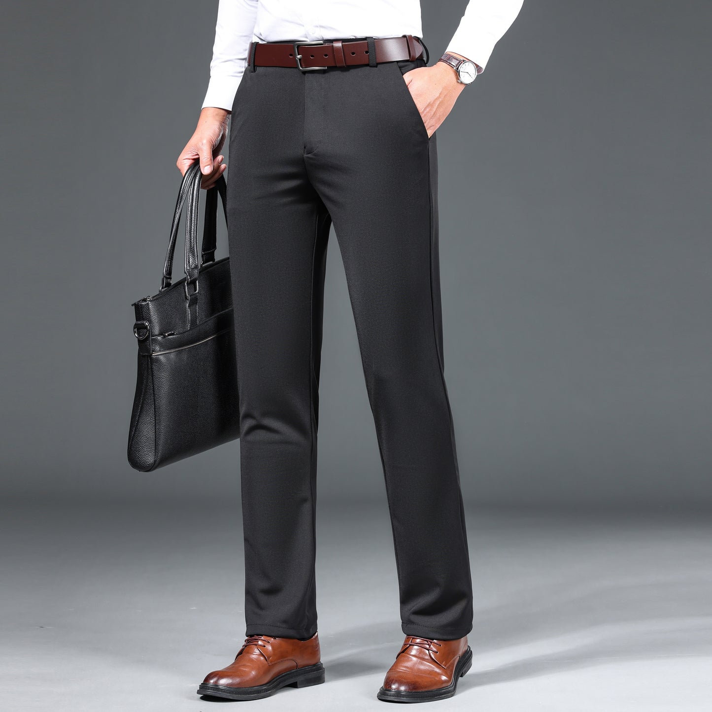 1pc Men'S Warmth Business Casual Pants, Fall/Winter Fleece-Lined Thickened Straight-Leg Trousers with Slant Pockets, Solid Color Knit Fabric Regular Fit Dress Pants with Zipper Closure, Medium Stretch Polyester