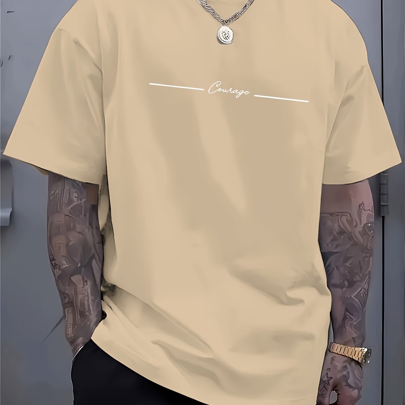 Men'S Casual Crew Neck T-Shirt with Trendy English Print, 95% Polyester 5% Elastane, Slight Stretch Knit Fabric, Regular Fit, Summer Wear - MBDMBD