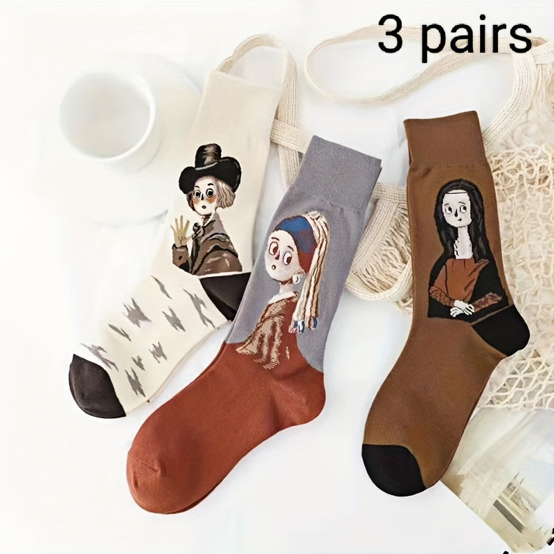 1/3/6 Pairs of Autumn and Winter Warm Retro Oil Painting Style European and American Personality Color Versatile Women's Socks