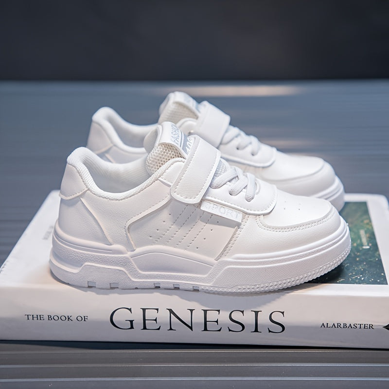 Youngsters' Stylish White Skate Sneakers - Casual & Sporty Low-Top Shoes with Hook-and-loop Fastener Closure, Breathable Fabric Lining, Durable Rubber Sole for Boys & Girls, Perfect for Running, Walking & Casual Attire, Skate