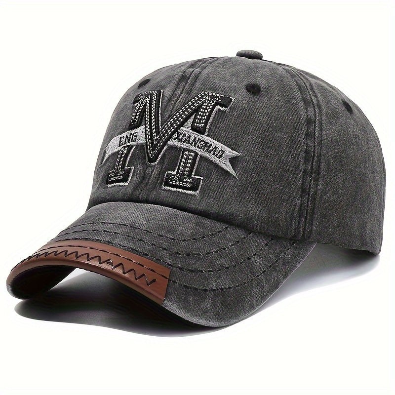 Spring And Autumn Retro Washed Denim Duckbill Cap, Fashionable Outdoor Sun Baseball Hat, With Old Letter M Embroidery, For Men Women