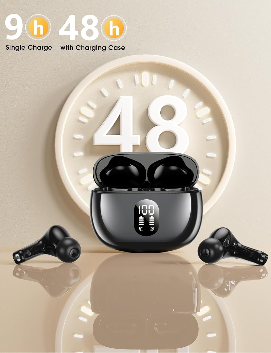 Wireless Earbuds, Bluetooth Ear Buds with Big Bass Stereo Sound, 48 Hours Playtime, Lightweight In-Ear Fit Earphones, IPX7, Hands-Free Calls with AI for Iphone, Android, Pad, Sports, Workout