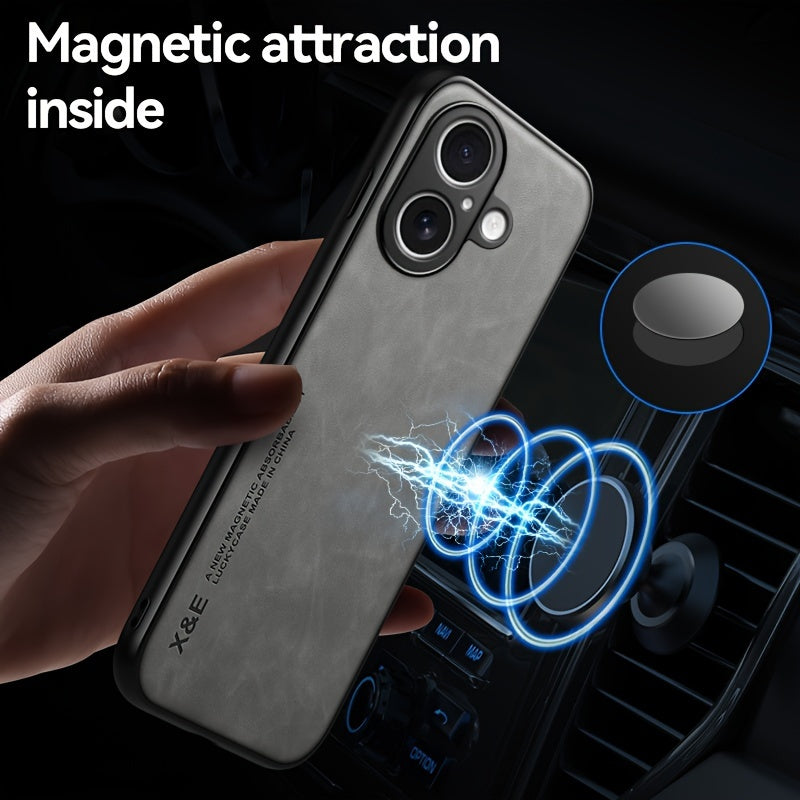 Premium Faux Leather Phone Case - with Built-in Magnetic Iron Sheet, Vehicle magnet, Sheepskin Texture, Ultra-Thin Design for iPhone 16, for iPhone 16 Plus, for iPhone 16 Pro, for iPhone 16 Pro Max