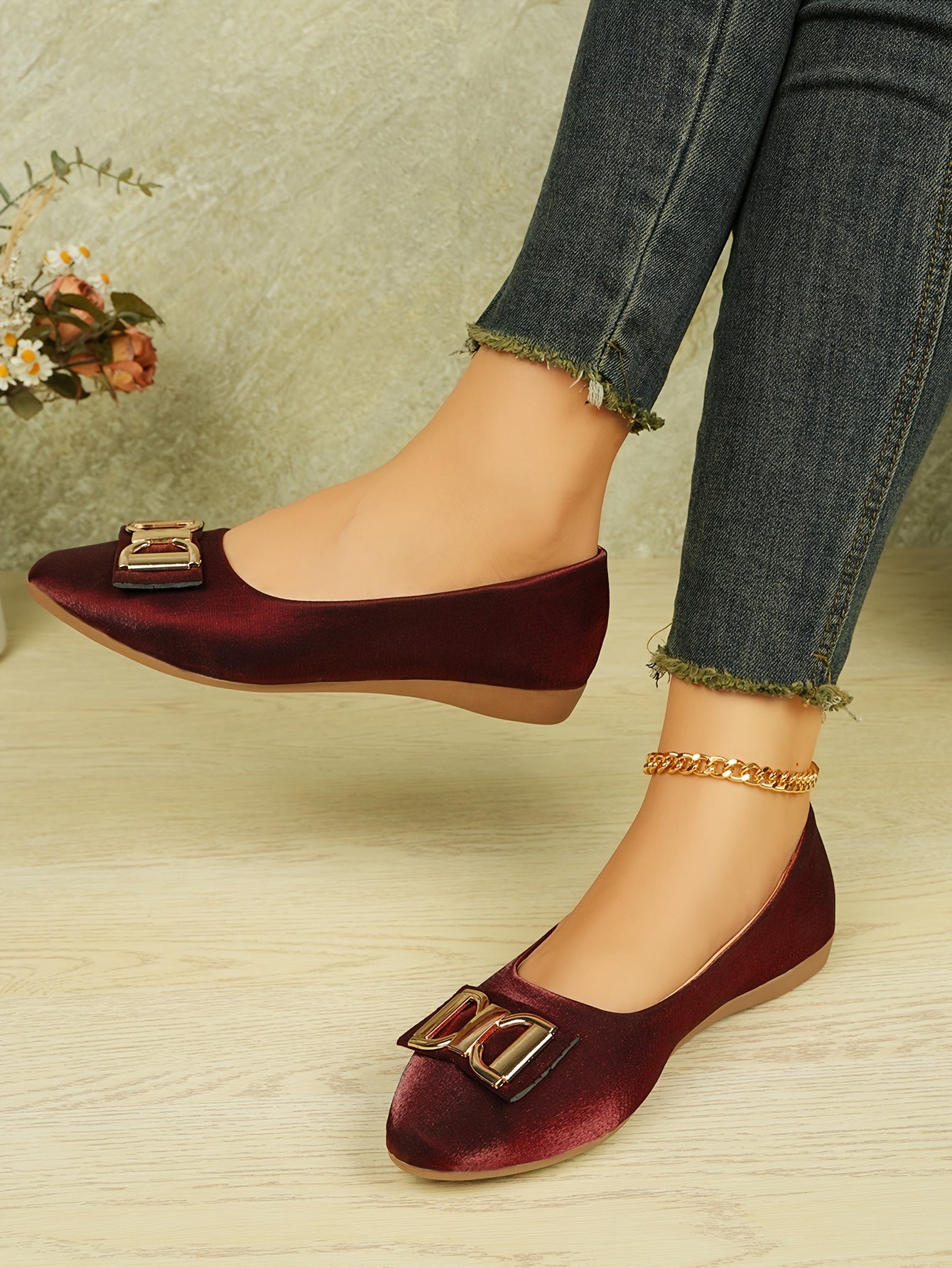 Women's Elegant Red Slip-On Flats with Golden Double Buckle Design - Comfortable Faux Cover Shoes for All Seasons, Pointed Toe Rubber Sole, Perfect for Casual or Dressy Occasions, Dressy Flats Buckle Embellished Shoes Lux