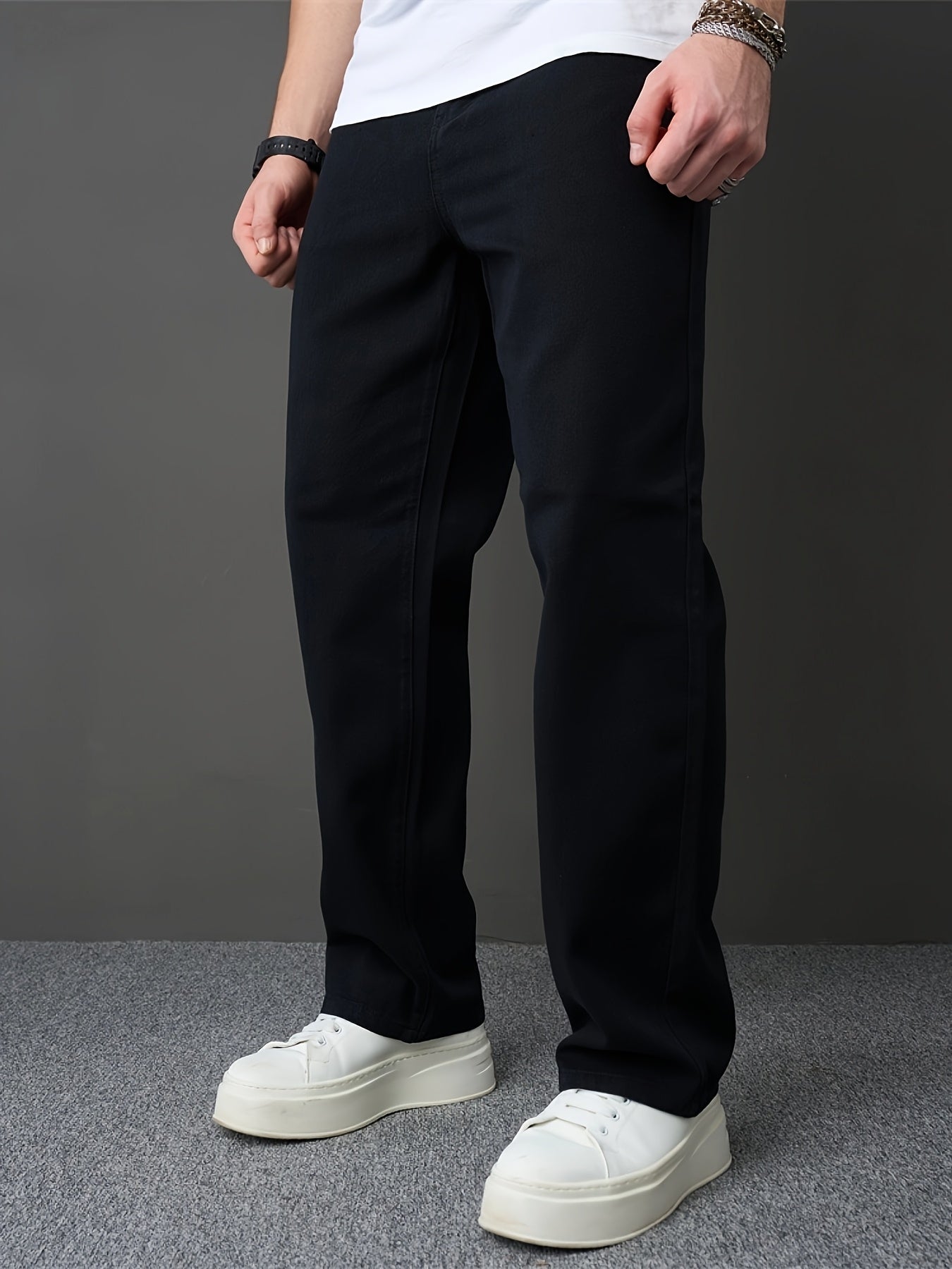 Men's Classic Black Straight-Leg Jeans - Loose Fit, Solid Color Denim, Cotton Blend, Machine Washable, All-Season Style, Streetwear Fashion|Modern Basic Jeans|Cotton Blend Denim