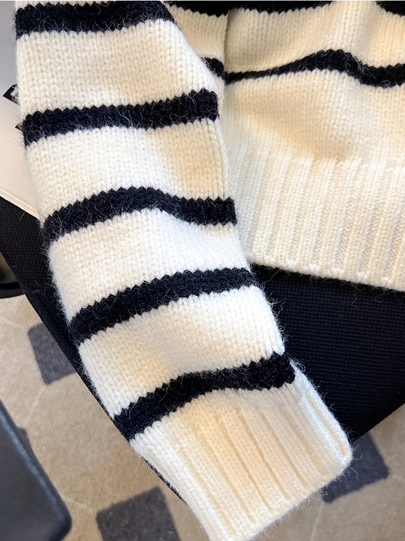 Striped Color Block Collared Sweater for Women Autumn Winter New Arrival Thick Half Zip Loose Soft Knit Top