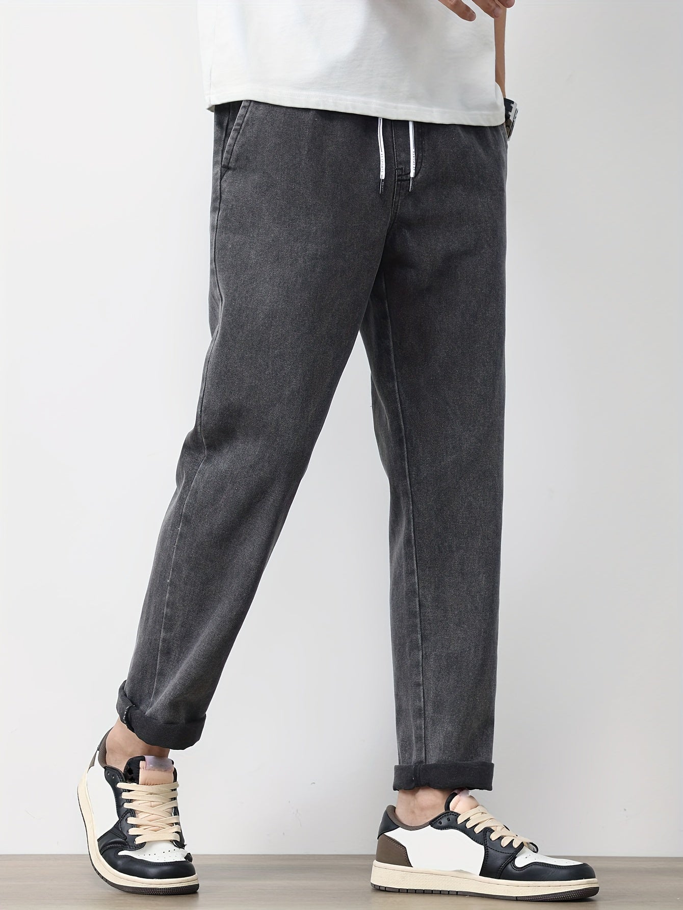 Men's Solid Washed Denim Trousers With Pockets, Causal Drawstring Cotton Blend Barrel Jeans For Outdoor Activities