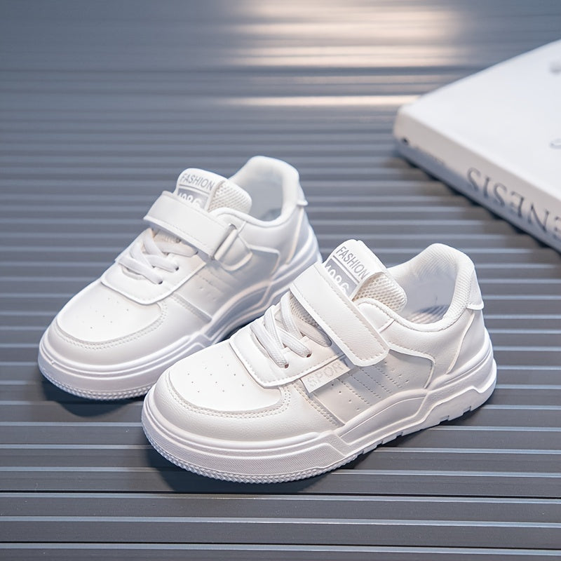 Youngsters' Stylish White Skate Sneakers - Casual & Sporty Low-Top Shoes with Hook-and-loop Fastener Closure, Breathable Fabric Lining, Durable Rubber Sole for Boys & Girls, Perfect for Running, Walking & Casual Attire, Skate