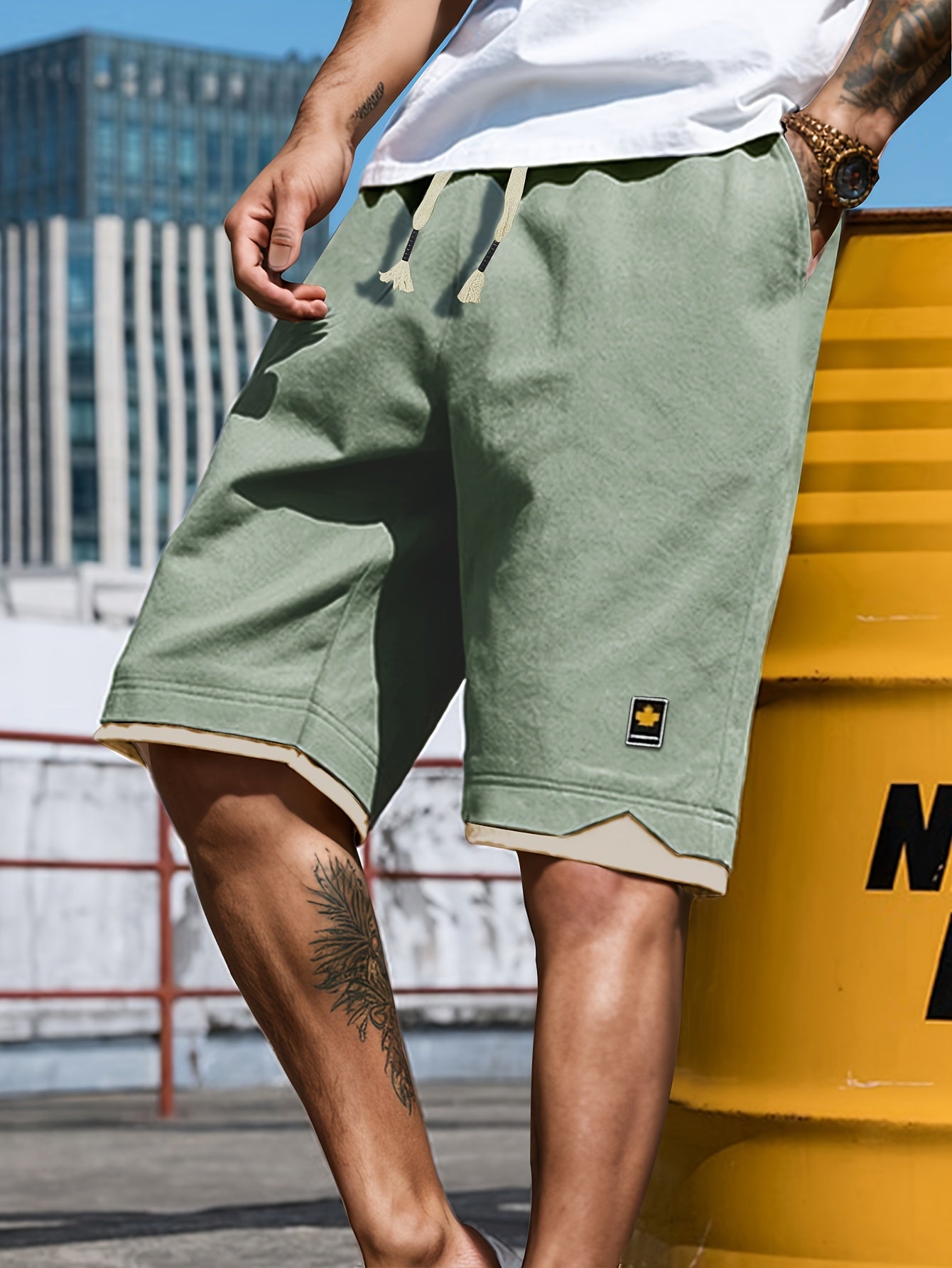 Men's Solid Shorts With Pockets, Casual Elastic Waist Fake Two-piece Drawstring Shorts For Summer