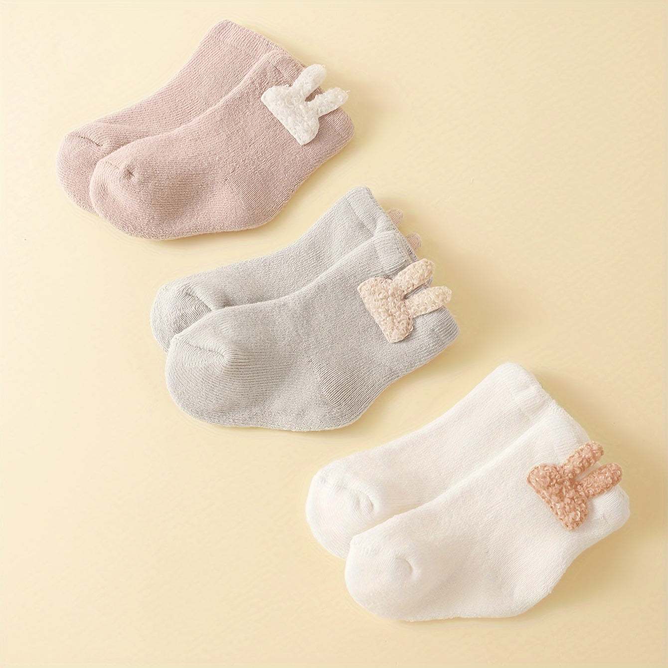 3 Pairs Cozy Terrycloth Cartoon Youngsters Socks - Thick Mid-Calf, Candy Colors (White, Pink, Light Gray), Soft & Warm for Autumn/Winter, Hand Wash Only, Youngsters Socks