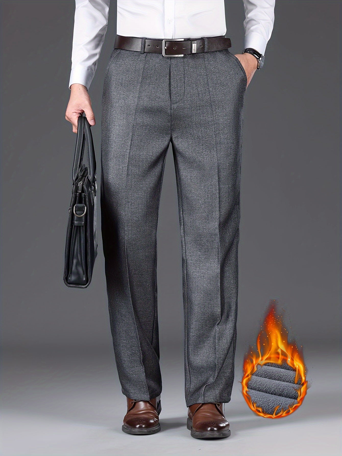 Men'S Solid Color Polyester Dress Pants - Fall/Winter Warm Fleece-Lined Thickened Straight-Leg Trousers with Slant Pockets, Regular Fit, Non-Stretch Woven Fabric, Long Length