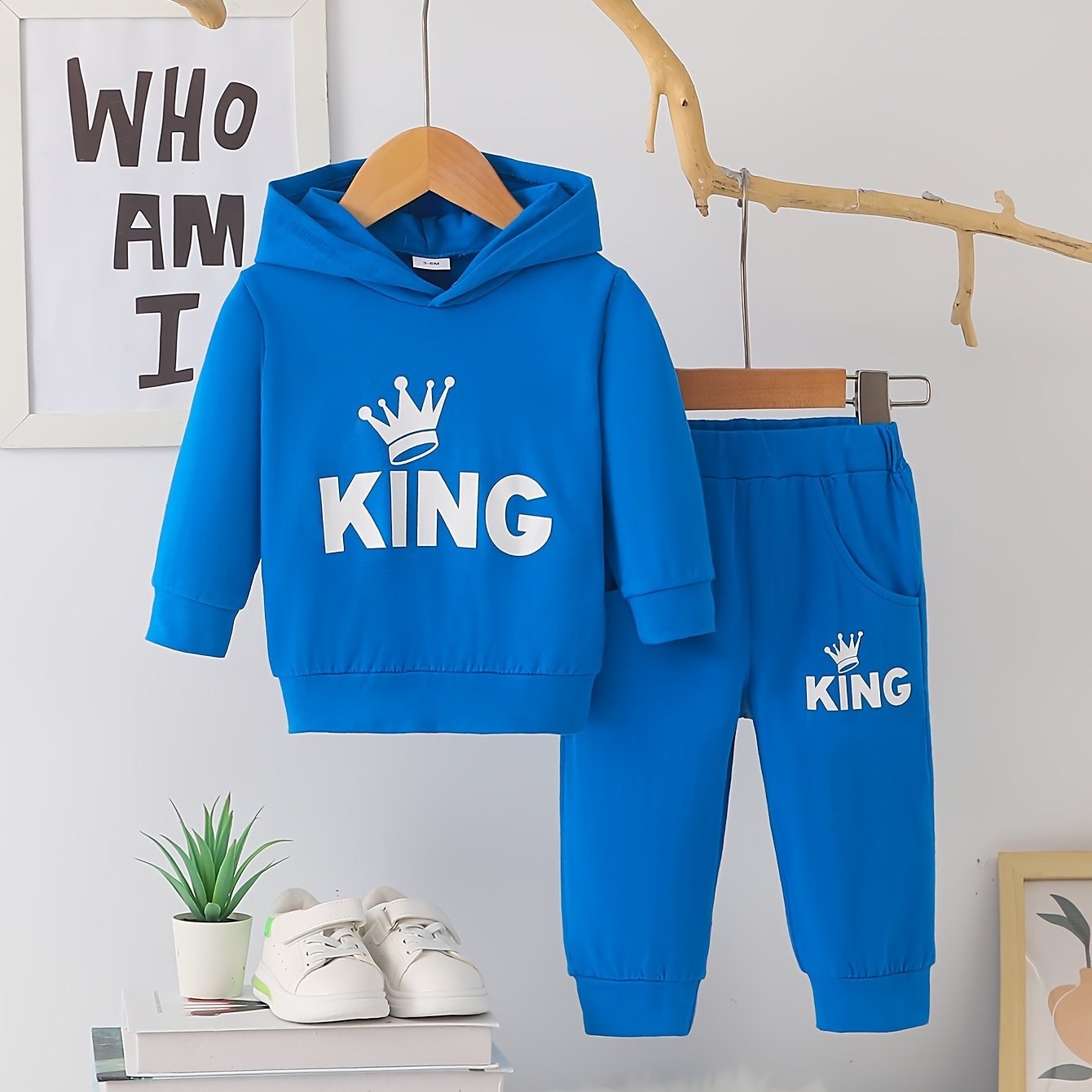 2 հատ Baby Boy's Casual Fashion Outfit Hooded KING Print երկարաթև մարզաշապիկ + շալվար բացօթյա հավաքածու