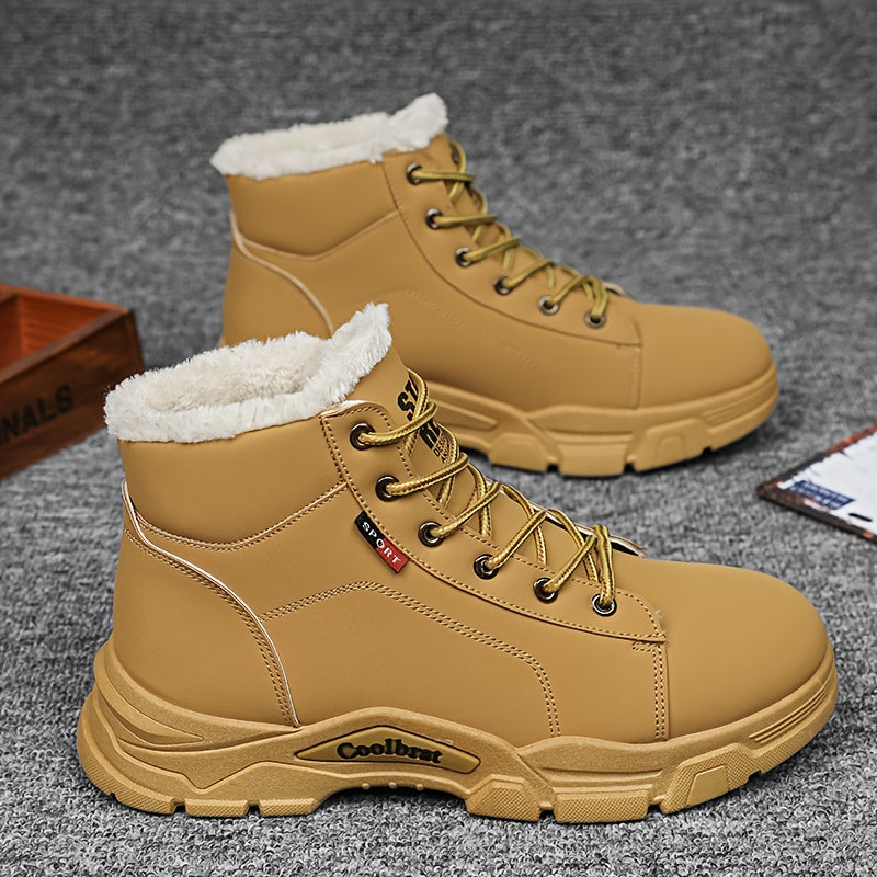 Men'S Mid-Calf Fleece-Lined Thick Sole Hiking Boots - Brown Synthetic Synthetic Faux, Lace-Up Outdoor Trekking Shoes with Cushioned PVC Sole for Winter & Fall, Casual Streetwear Style, Winter Hiking Boots, Durable Traction Fo