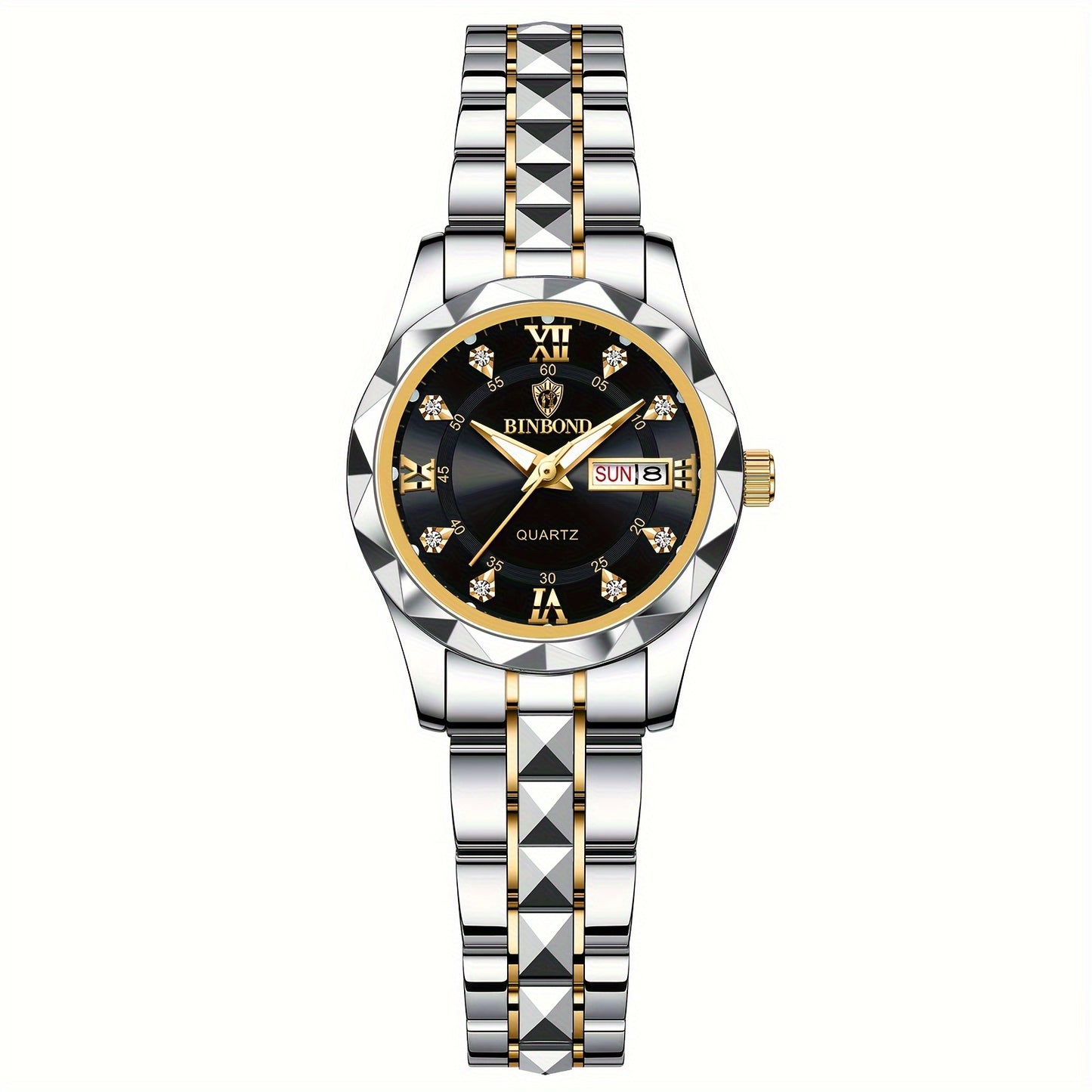 BINBOND Women's Light Luxury Quartz Watch with Night Glow, Double Calendar, Stainless Steel Band & Blue Dial - Elegant Casual & Formal Watch for Casual Attire