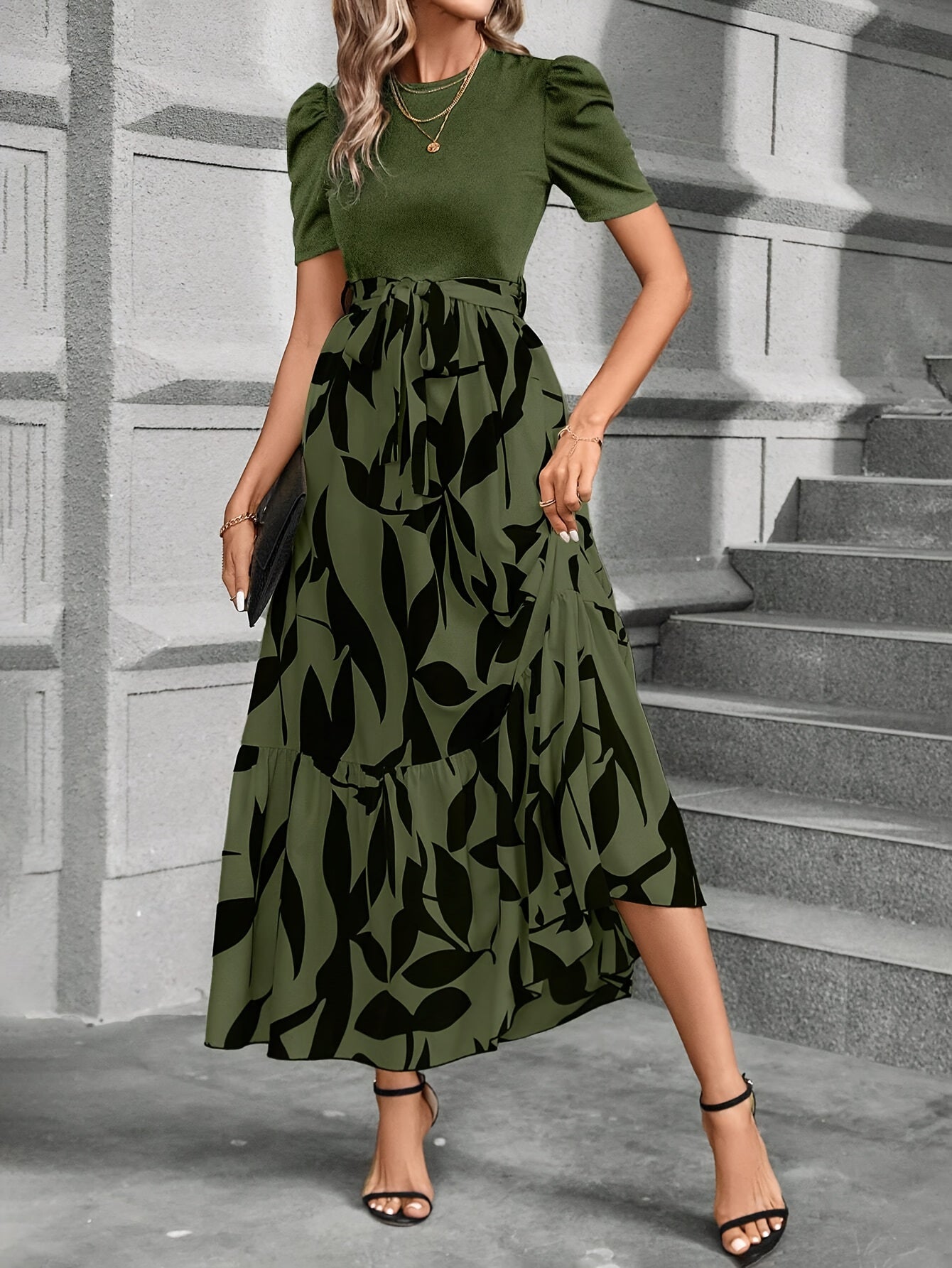 Print Midi Dress with Belt - Crew Neck, Short Sleeve, Non-Stretch Polyester - Machine Washable - Perfect for All Seasons