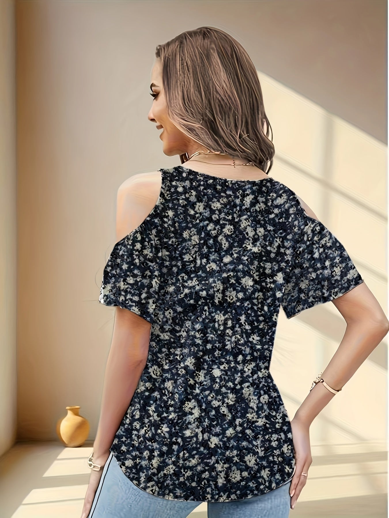 Women'S Summer V-Neck Pleated Floral Print Sexy Off-Shoulder T-Shirt