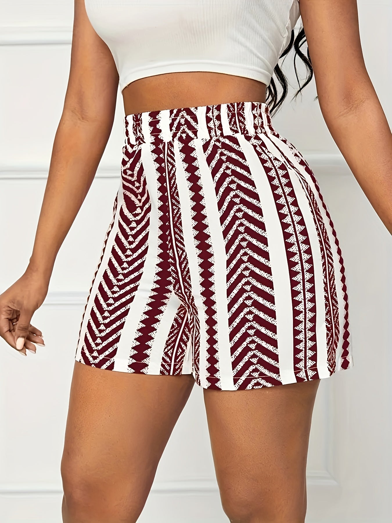 Women's Summer Striped Print Shorts - Vacation Elastic Waist, Lightweight Polyester Blend, Machine Washable, Maroon and White, Resort Fashion|Striped Pattern|Lightweight Fabric