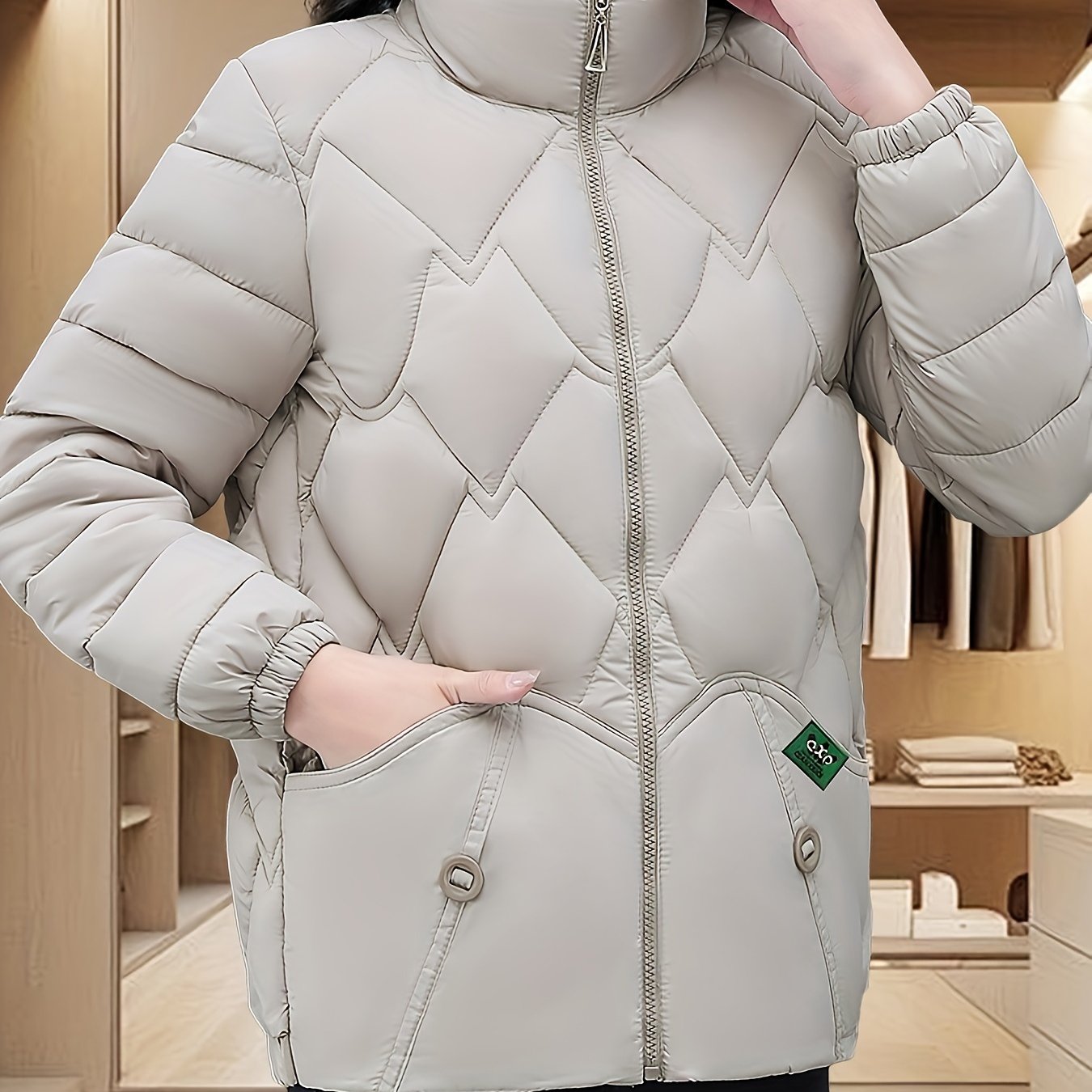 Women'S Embroidered Quilted Jacket, Casual Long Sleeve Polyester Coat, Non-Stretch H-Contoured Regular Fit, Pleated Hem, Thick Warm Winter Outerwear for Middle-Aged Moms