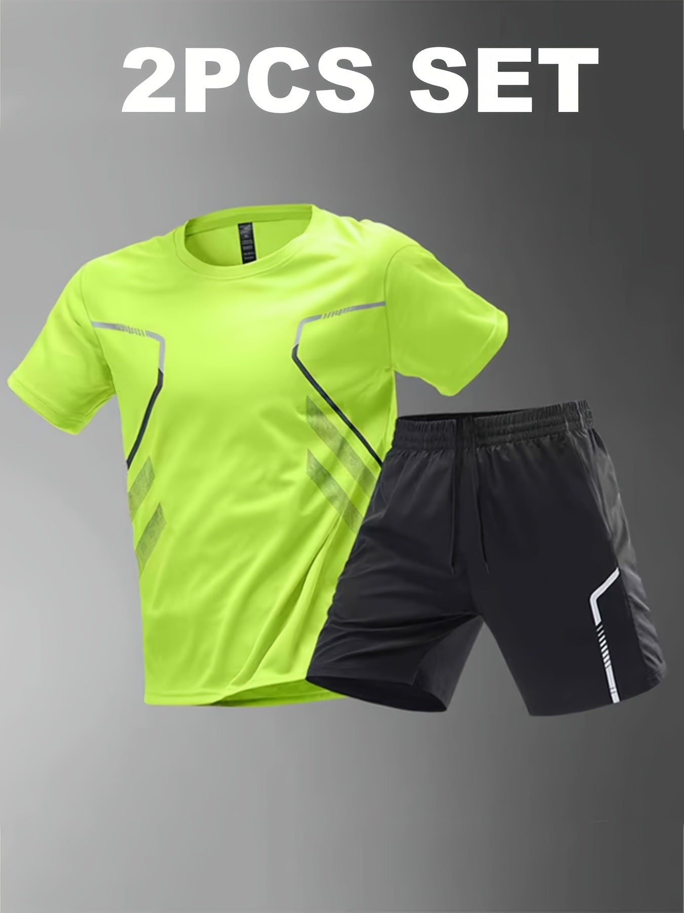 2pcs Men's Summer Sportswear Set - Comfortable Polyester Crew Neck T-Shirt & Black Drawstring Shorts with Side Stripe, Casual Style, Easy Care, Athletic Shorts