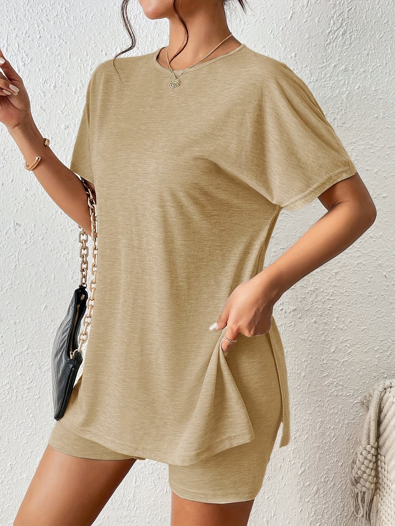 Casual Solid Color Comfortable Two-Piece Set, Bat Sleeve Round Neck Slit T-Shirt and Tight Shorts, Women's Clothing