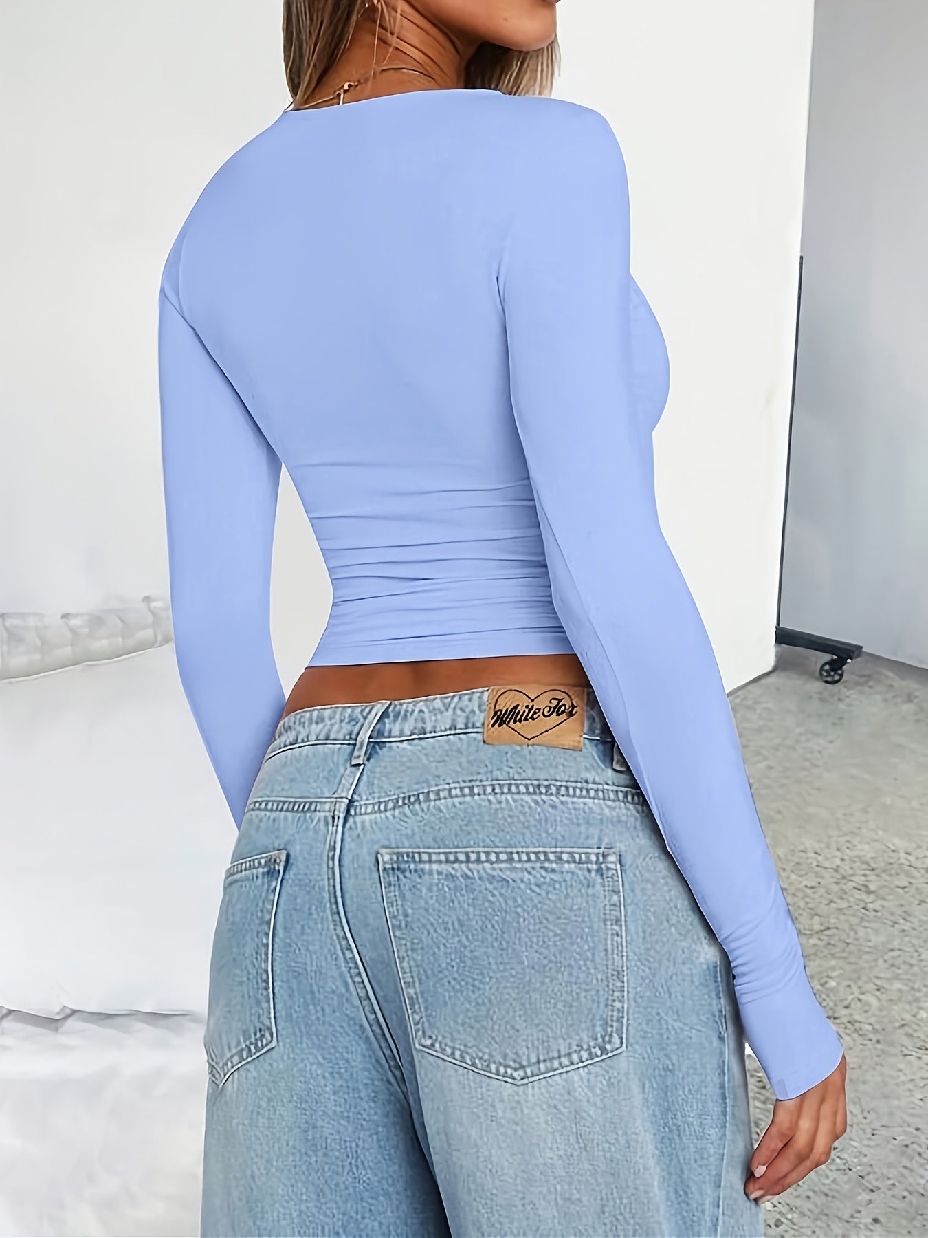 Women's Y2K Style Solid Color Crew Neck Long Sleeve T-Shirt, Polyester Knit Fabric, Skinny Fit, Short Length Pullover for Spring/Fall, Ladies T Shirts
