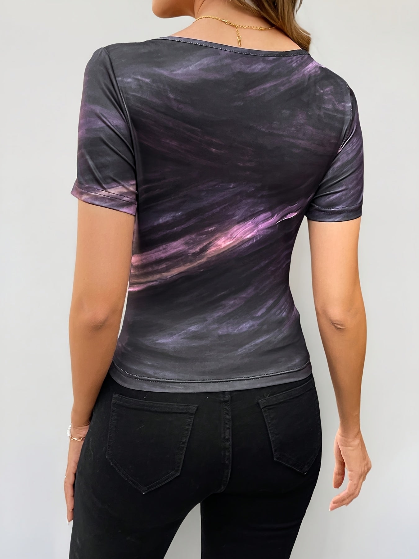 Women's Elegant Tie-Dye Asymmetrical Neckline Short Sleeve T-Shirt - Purple Pink Blue Swirl Print, Breathable Stretchy Fabric, Machine Washable Summer Casual Top