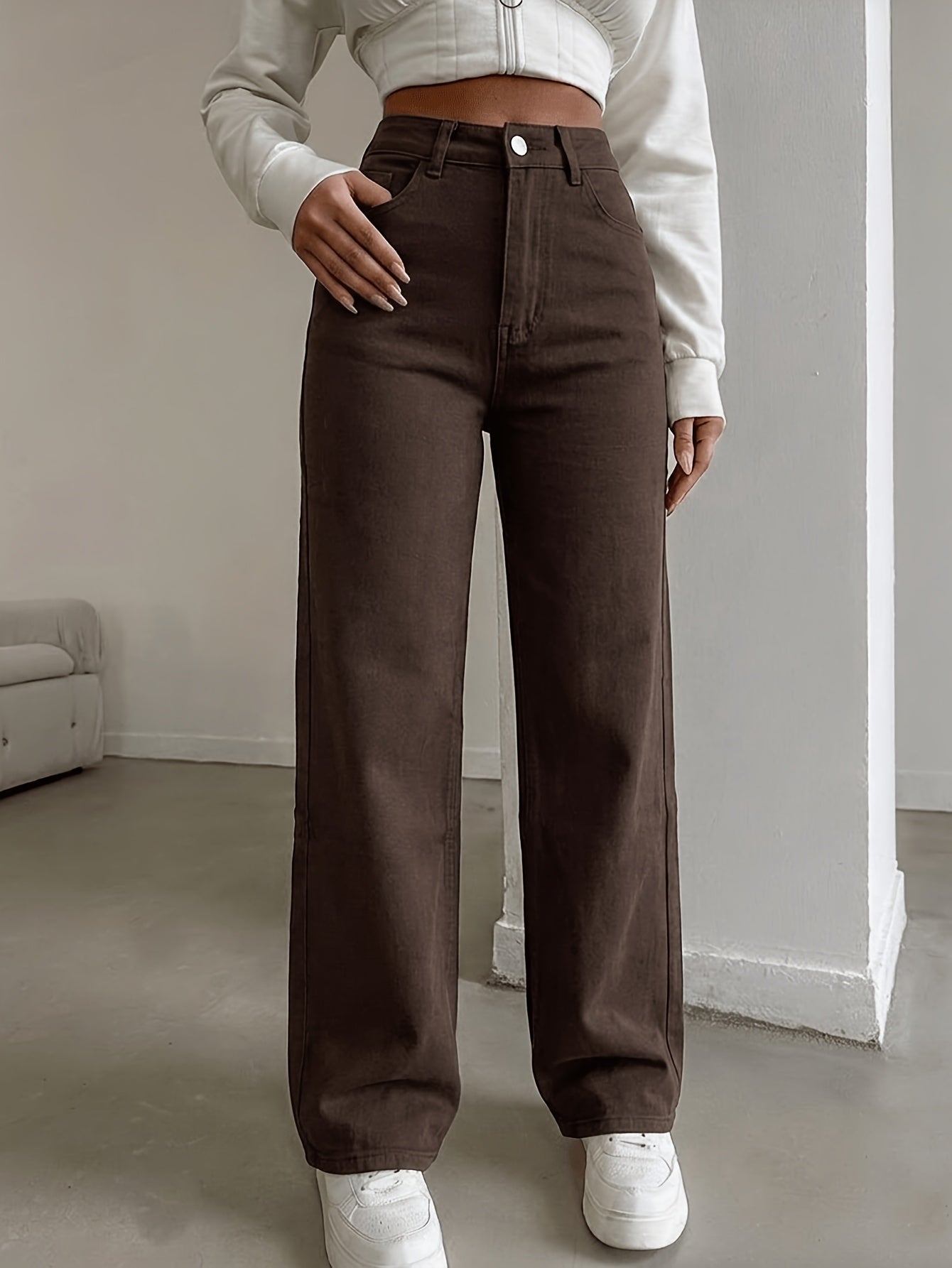 High-Waist Coffee Straight-Leg Jeans for Women, Stretch Denim