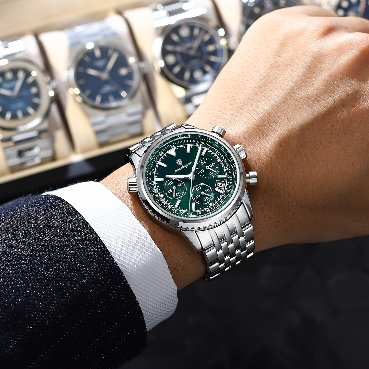 POEDAGAR Men's Luxury Stainless Steel Watch, Chronograph, Calendar, Date Display, Green Dial with Black Bezel & Roman Numerals, Quartz Movement, Casual to Business Style, Suitable for Women
