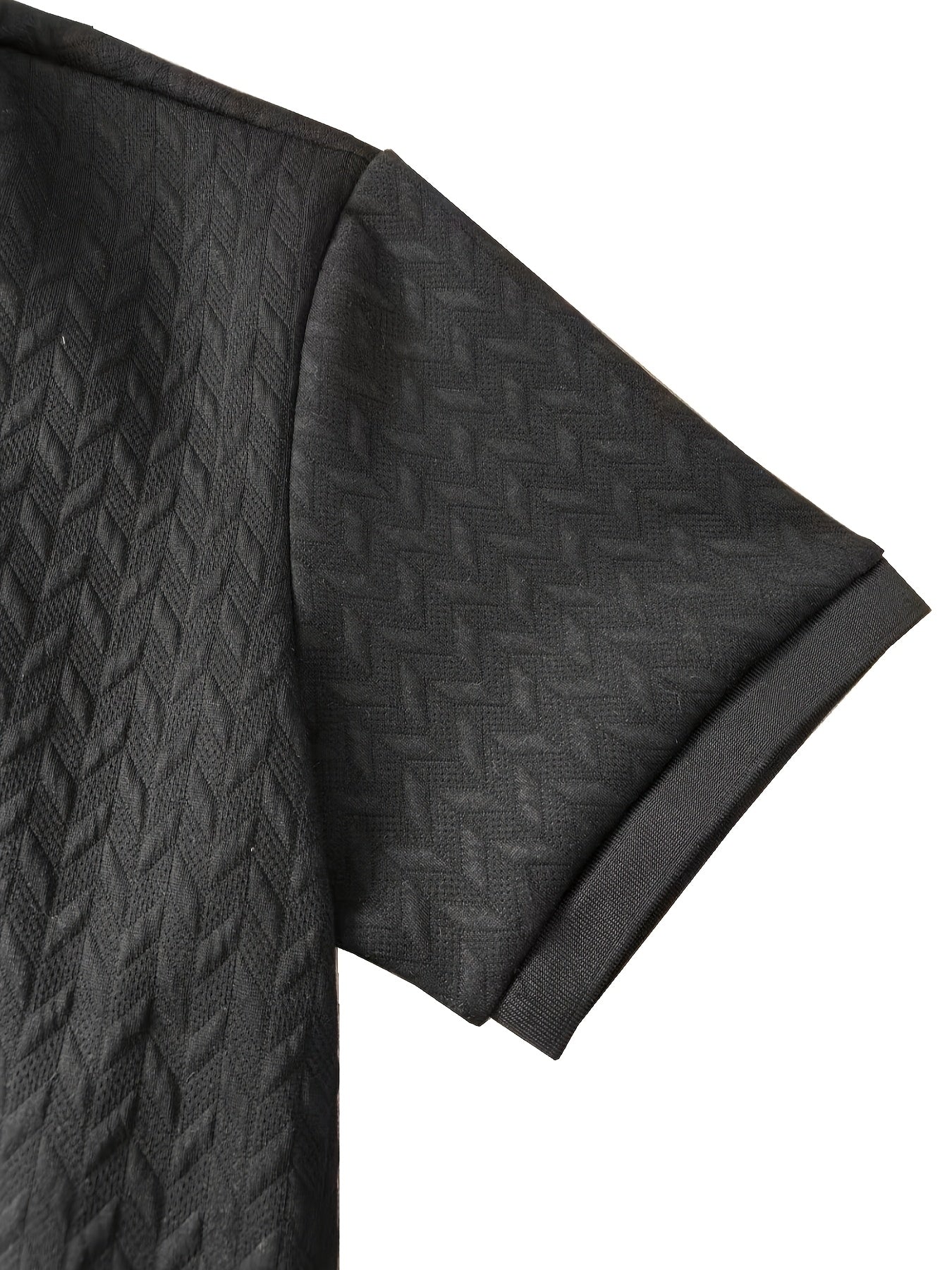 Men'S Casual Black Short Sleeve Polo Shirt with Textured Diamond Pattern - Polyester, Button-Up, Regular Fit for Summer, Casual Attire|Textured Pattern Shirt|Polyester Fabric