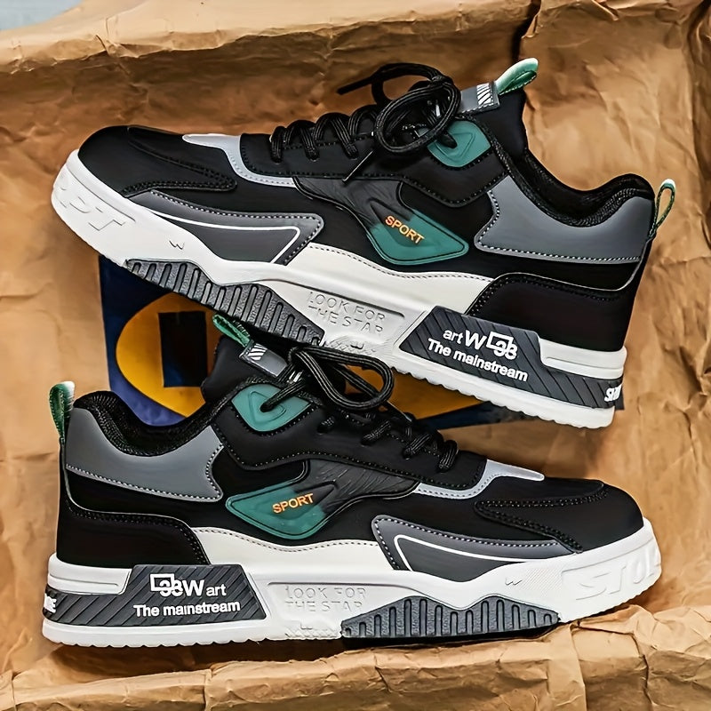Men's Low-Top Skate Sneakers - Black with Teal Accents, PU Upper PVC Sole, Slip-Resistant Comfortable Lace-Up Shoes for Urban Streetwear, Outdoor Sports, All-Season Casual Wear, Skate Shoes, Modern Street Style, Durable Fab