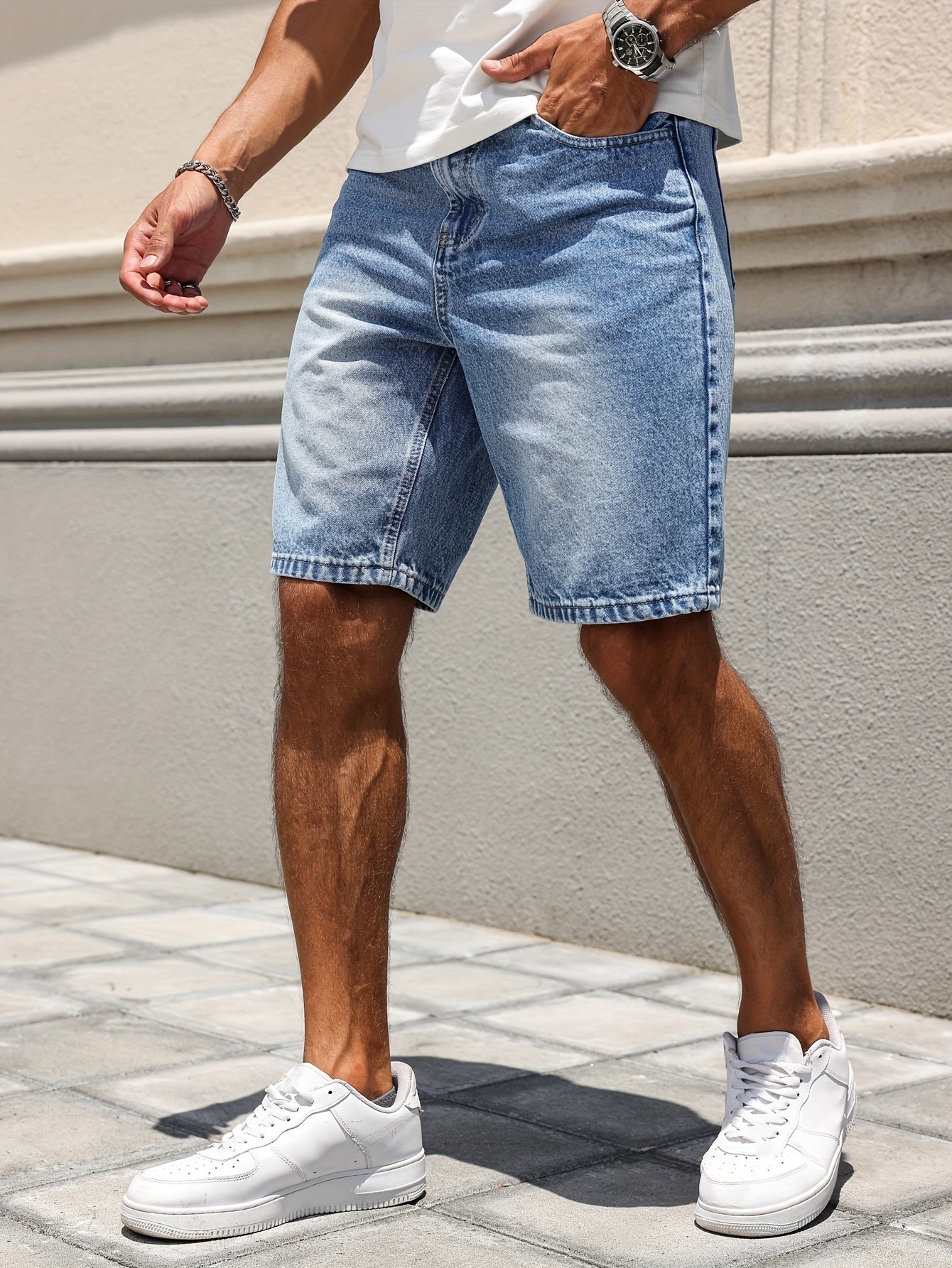 Men's Casual Denim Shorts - Knee-Length, Non-Stretch, Machine Washable - Perfect for Everyday & Leisure
