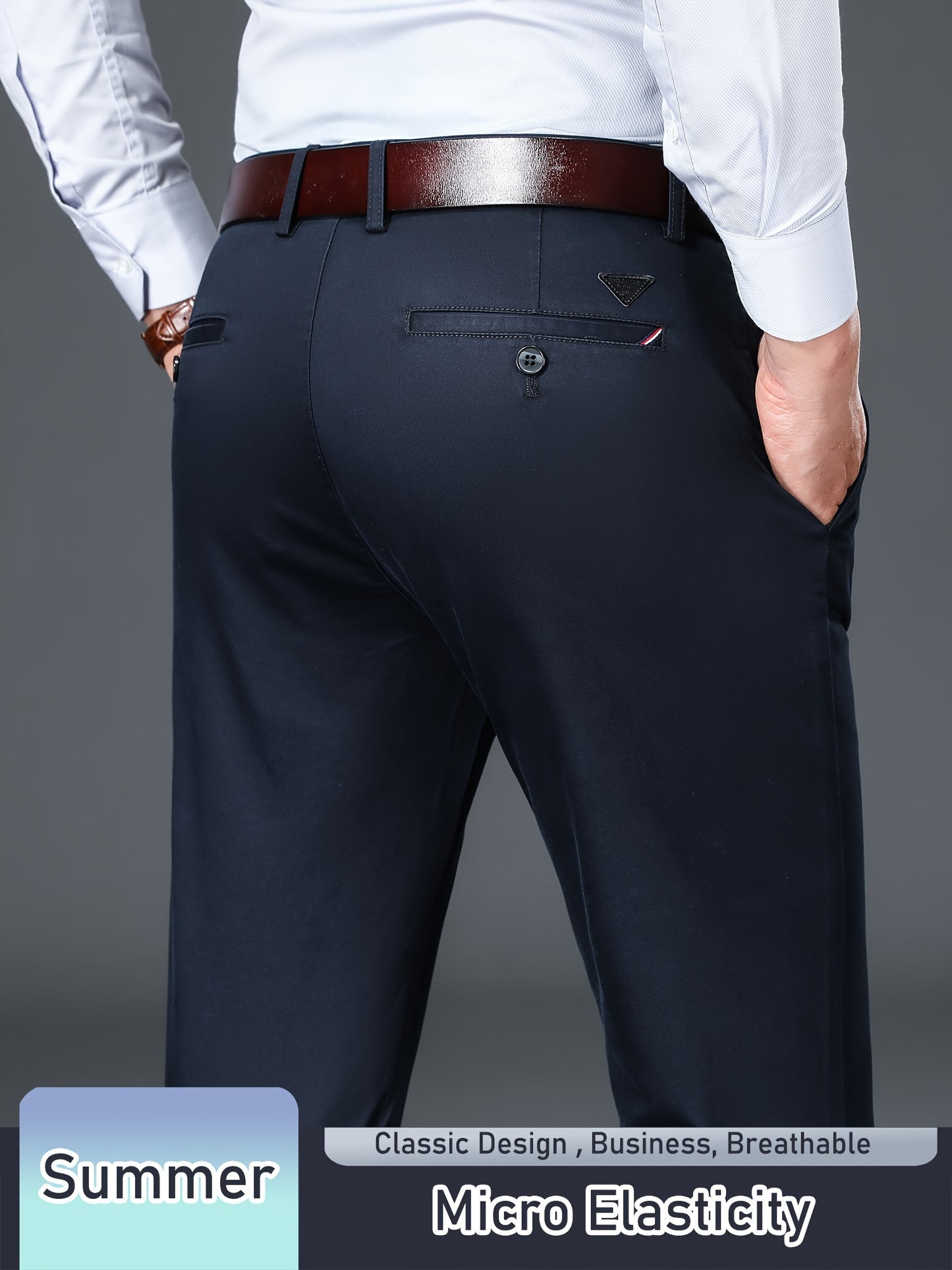 Men's Solid Pants With Pockets, Light Business Style Regular Fit Trousers For Outdoor Activities, Daily Wear For Spring And Autumn