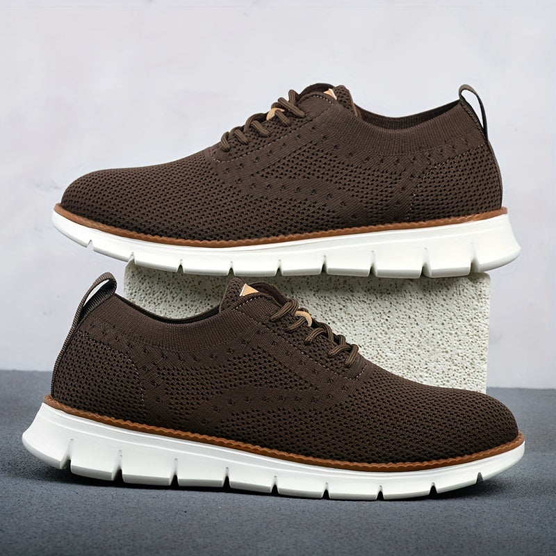 Men's Breathable Knit Business Casual Shoes - Beige with Brown Accents, Lace-Up, EVA Sole, Round Toe, Versatile for All Seasons, Dressy Shoes