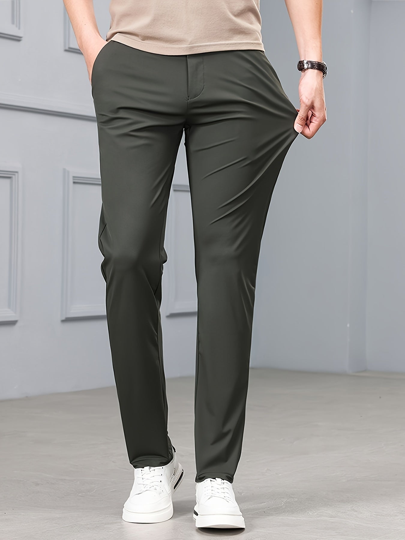 Men's Slim-Fit Stretch Casual Pants with Multiple Pockets - Waterproof, UV Protection, Light Gray, Straight Leg, Nylon Blend for Spring/Fall, Button Closure, Comfortable & Stylish Design, Everyday Comfort Pants | Modern Casua