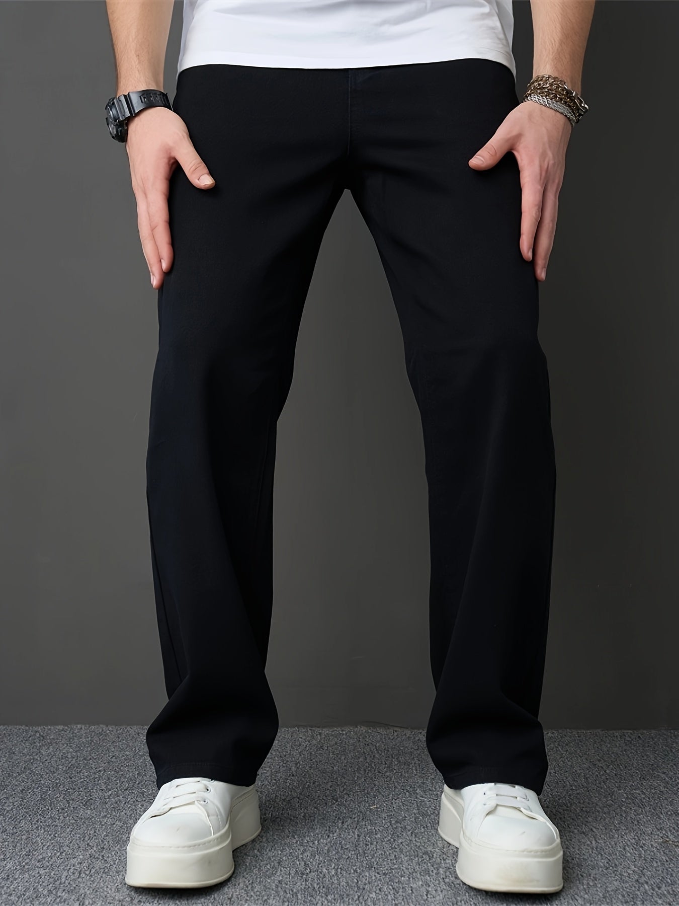 Men's Classic Black Straight-Leg Jeans - Loose Fit, Solid Color Denim, Cotton Blend, Machine Washable, All-Season Style, Streetwear Fashion|Modern Basic Jeans|Cotton Blend Denim