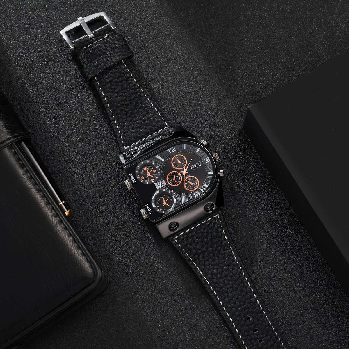 Men's Fashion Digital Dial Large Face Business Trend Quartz Watch + Bracelet Set, 4pcs Set (Watch Box Not Included)