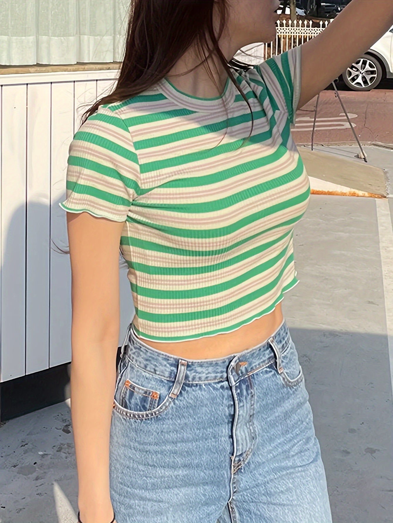 Women's Ribbed Striped Short Sleeve Round Neck Striped T-Shirt