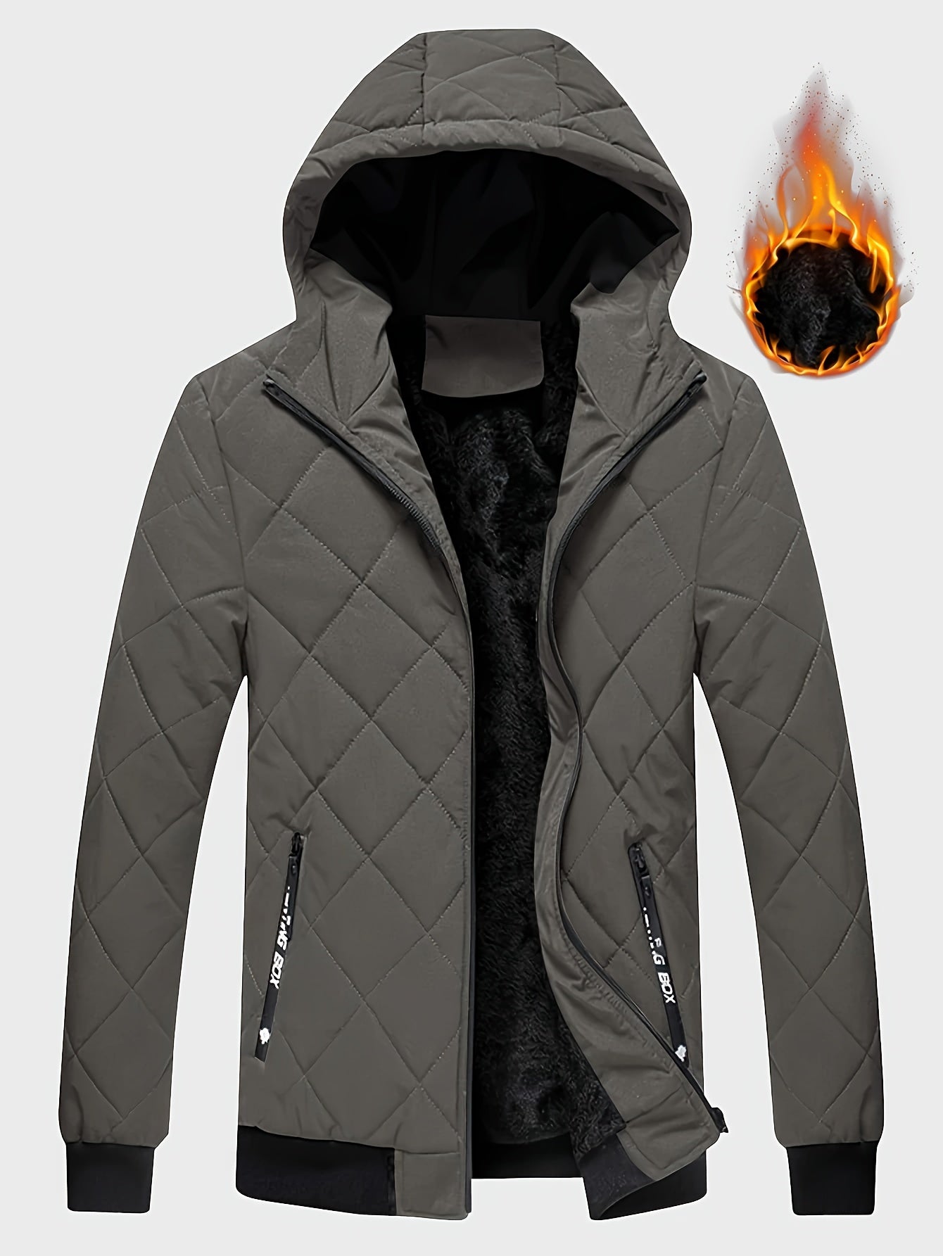 Men's Casual Fleece-Lined Hoodie Jacket - Warm, Windproof Zip-Up Coat with Quilted Design for Fall/Winter, Winter Coat