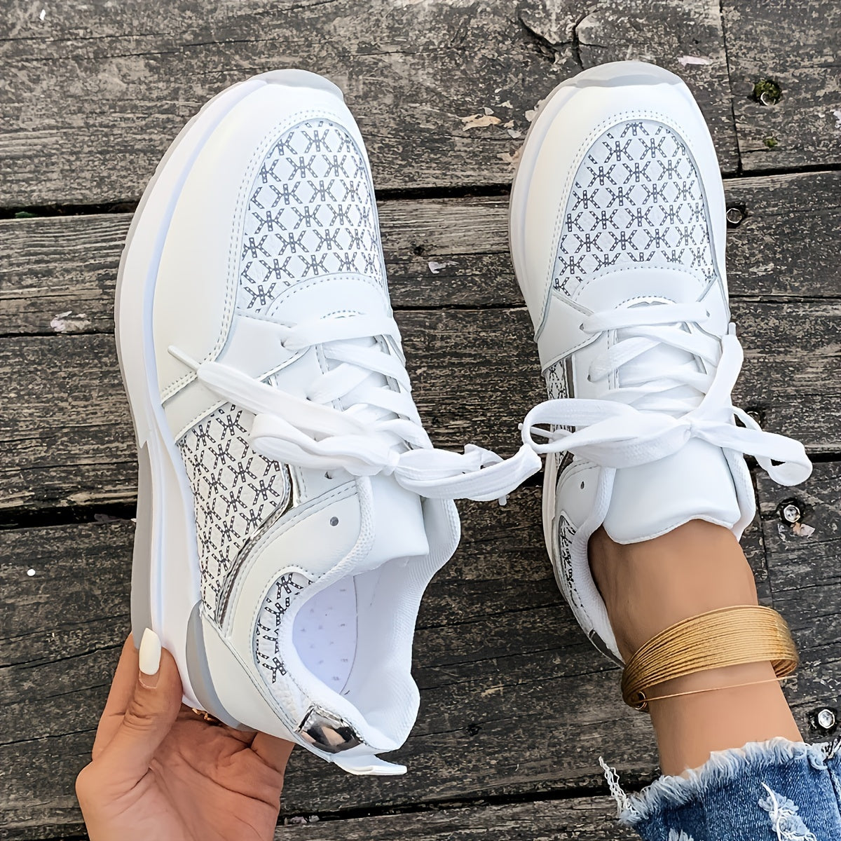 Women'S Plus Size Casual Sneakers - White Synthetic Cover Low-Top Lace-Up Shoes with Golden-Tone Accents, EVA Sole Breathable Fabric Lining for Summer Comfort, Ladies Sneakers, Comfortable Footwear, Durable Footwear
