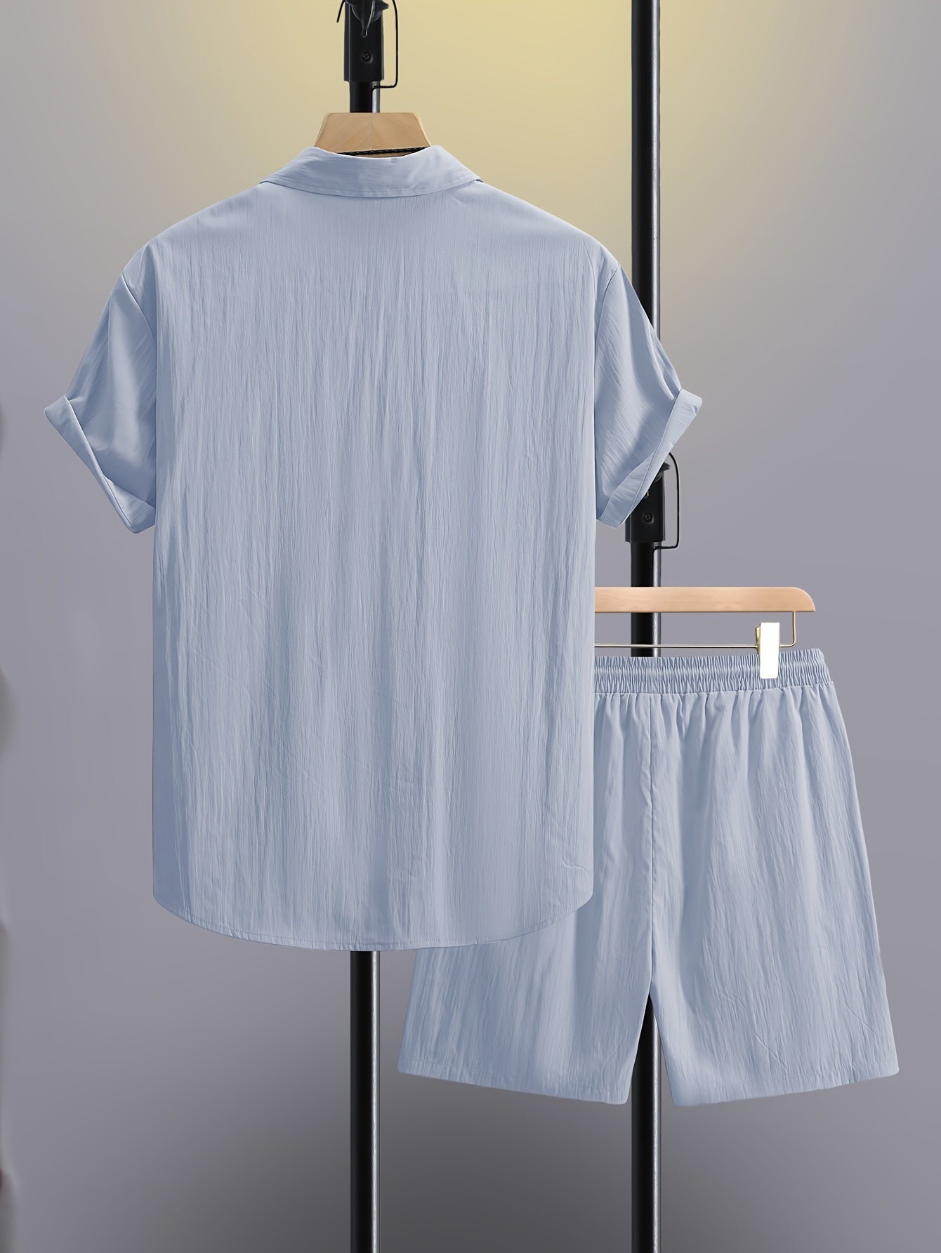 Men's Summer 2pcs Set: Casual Fashion Beige Short Sleeve Collared Shirt & Drawstring Shorts - Lightweight Blend, Ideal for Beach Vacations
