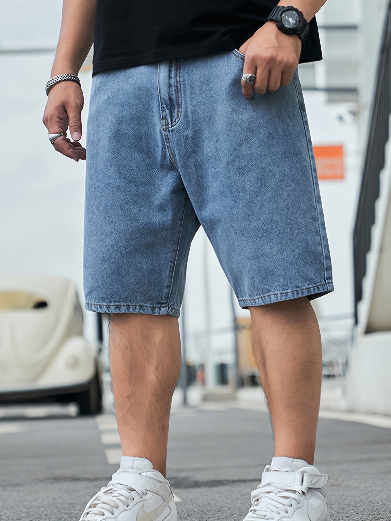 Men's Solid Cotton Blend Loose Fit Denim Jorts, Chic Street Style Summer Bottoms For Men
