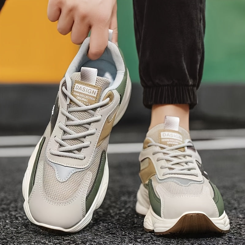 Men'S Casual Sports Shoes - Thick-Soled Lace-Up Sneakers with Synthetic Upper, Cushioned EVA Insole PVC Sole for Outdoor Hiking, Running, Gym - All-Season Comfort in Beige/Black, Brown/White, Green/White, Versatile Trainers