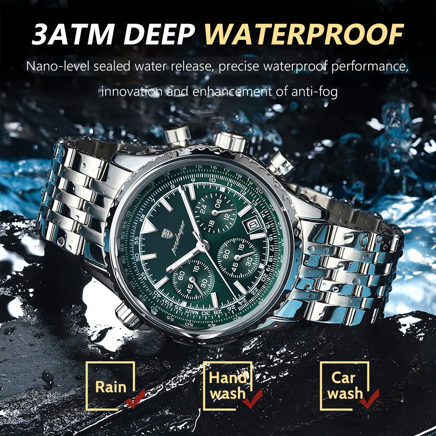 POEDAGAR Men's Luxury Stainless Steel Watch, Chronograph, Calendar, Date Display, Green Dial with Black Bezel & Roman Numerals, Quartz Movement, Casual to Business Style, Suitable for Women