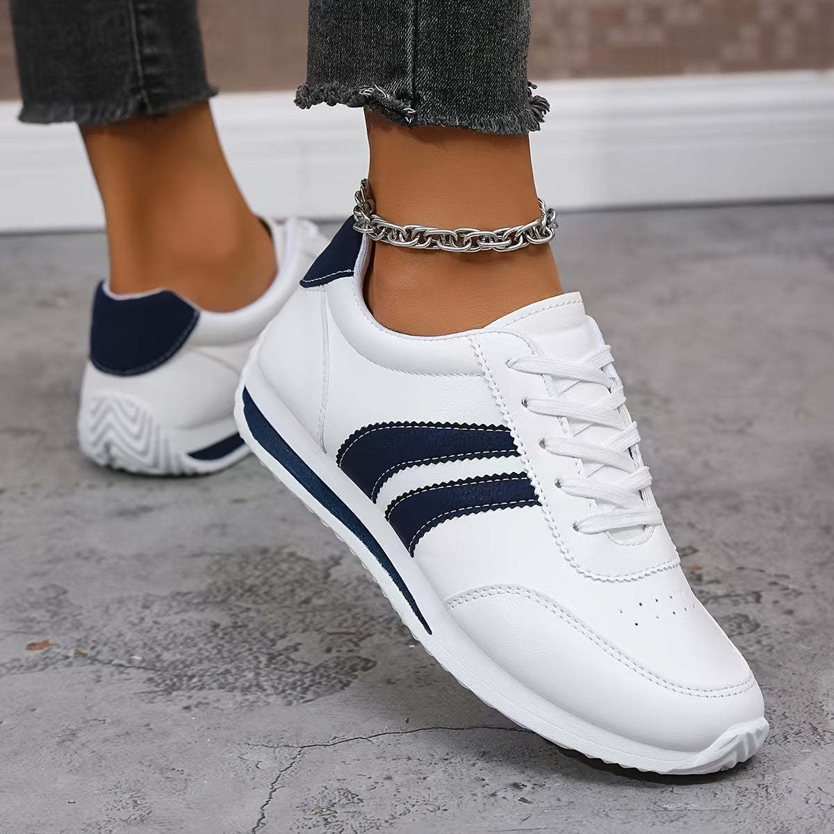 Women's Lightweight Fashion Sneakers - Comfortable, Non-Slip, Lace-Up Casual Sneakers with Cushioned Insole, White & Blue Striped Design, Low-Top EVA Sole for All-Day Wear, Casual Sneakers | Lowtop Sneakers | Laceup Closure