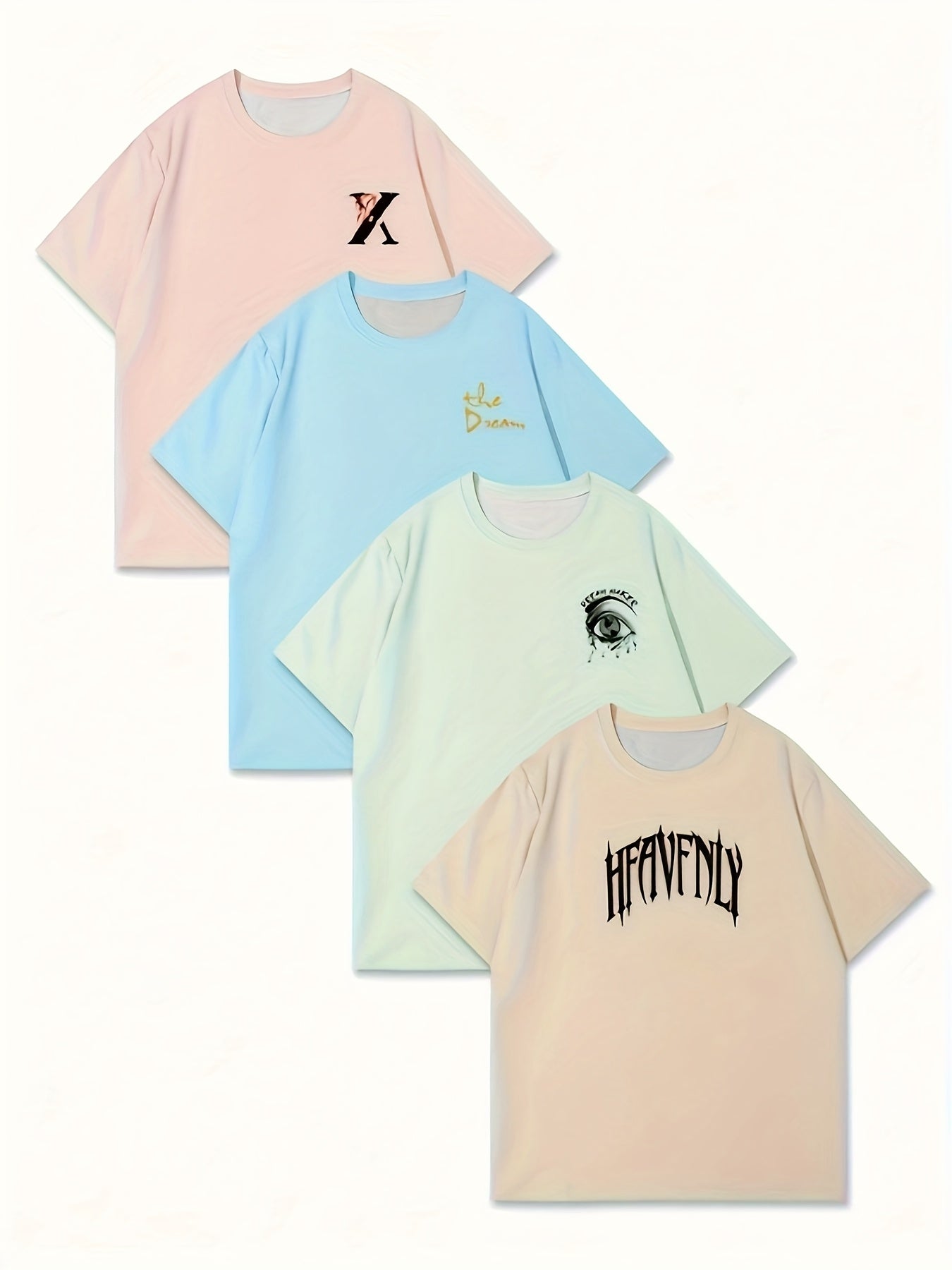 Set of 4 Men'S Graphic T-Shirts - Featuring Designs Like 'Heavenly', Casual Round Neck Short Sleeves Made of Lightweight Polyester, Perfect for Summer Outdoor Wear, a Great Gift for Family.