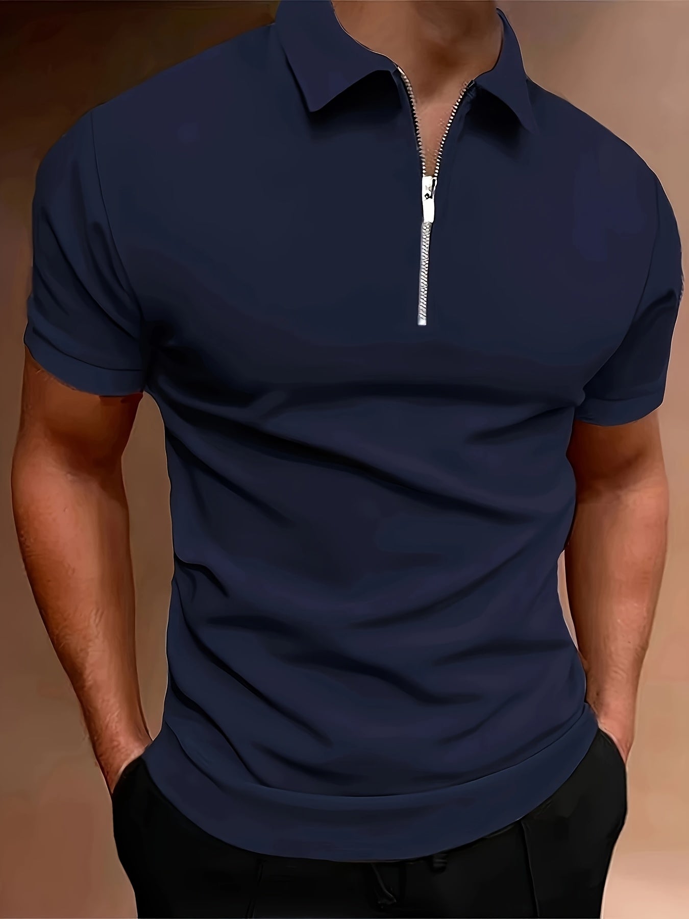 Men's Summer Classic Collar Half-Zip Casual T-Shirt - Solid Black, Breathable Regular Fit Short Sleeve Top for Casual Attire & Semi-Formal Occasions, Semiformal Attire | Halfzip Shirt | Smooth Fabric Finish