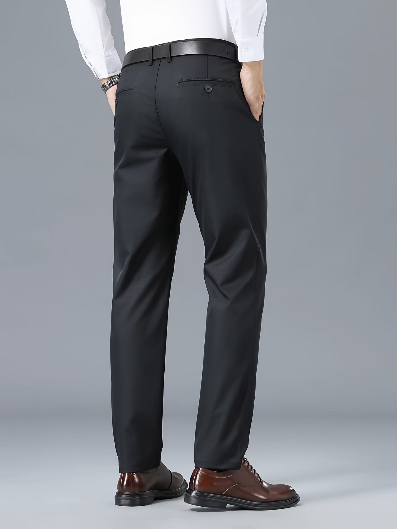 Men's Classic Business Casual Pants - Polyester, Solid Color, Regular Fit for All Seasons