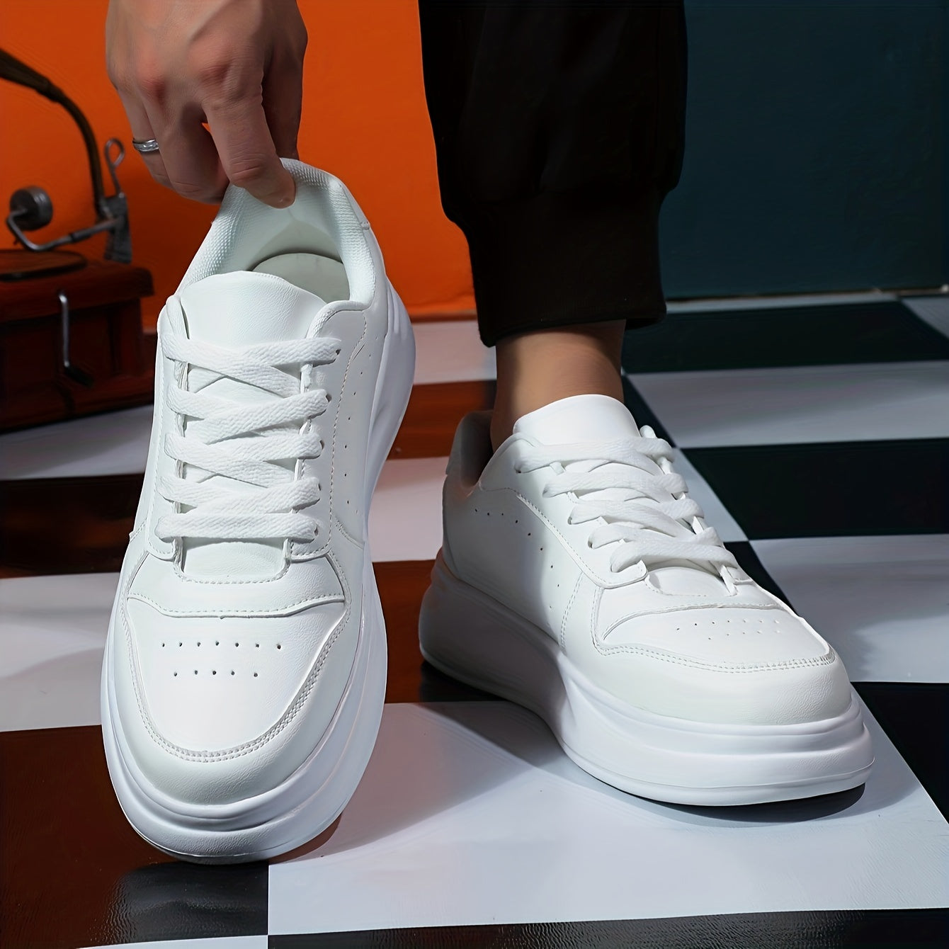 Men's Trendy White Skate Sneakers - Comfortable, Breathable, All-Season Low-Top Lace-Up Shoes with Thick Sole, PU Upper & Mesh Lining for Casual Streetwear