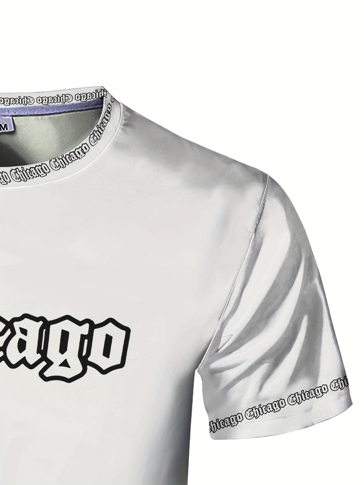 Men'S Chicago Print T-Shirt, Polyester-Spandex Blend, Crew Neck, Short Sleeve, Geometric Pattern, High Stretch, Tear Resistant, Sports Casual Style, Summer Fit Top for Training, Yoga, Hiking Festive Occasions